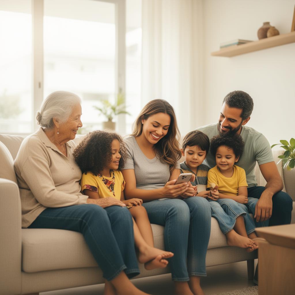 Família brasileira sorrindo junta em casa usando o Mantho+Saúde no celular