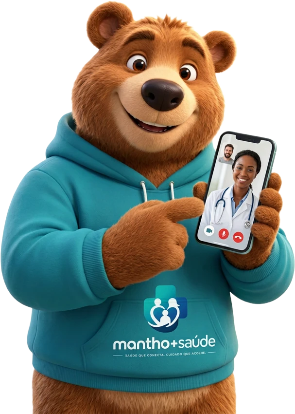 Tota, mascote do Mantho+Saúde, mostrando uma consulta online no celular